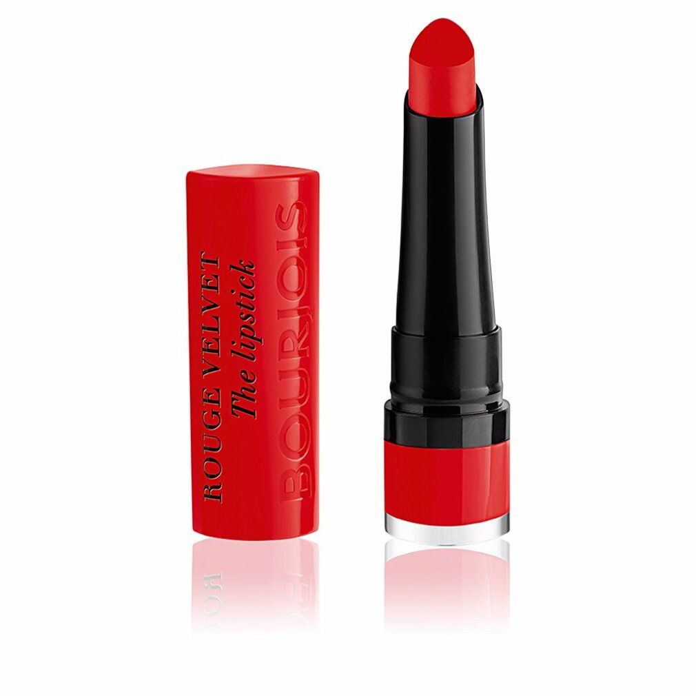 Roter Lippenstift mit schwarzem Schaft und roter Kappe. Auf der Kappe steht "ROUGE VELVET The lipstick" und "BOURJOIS".