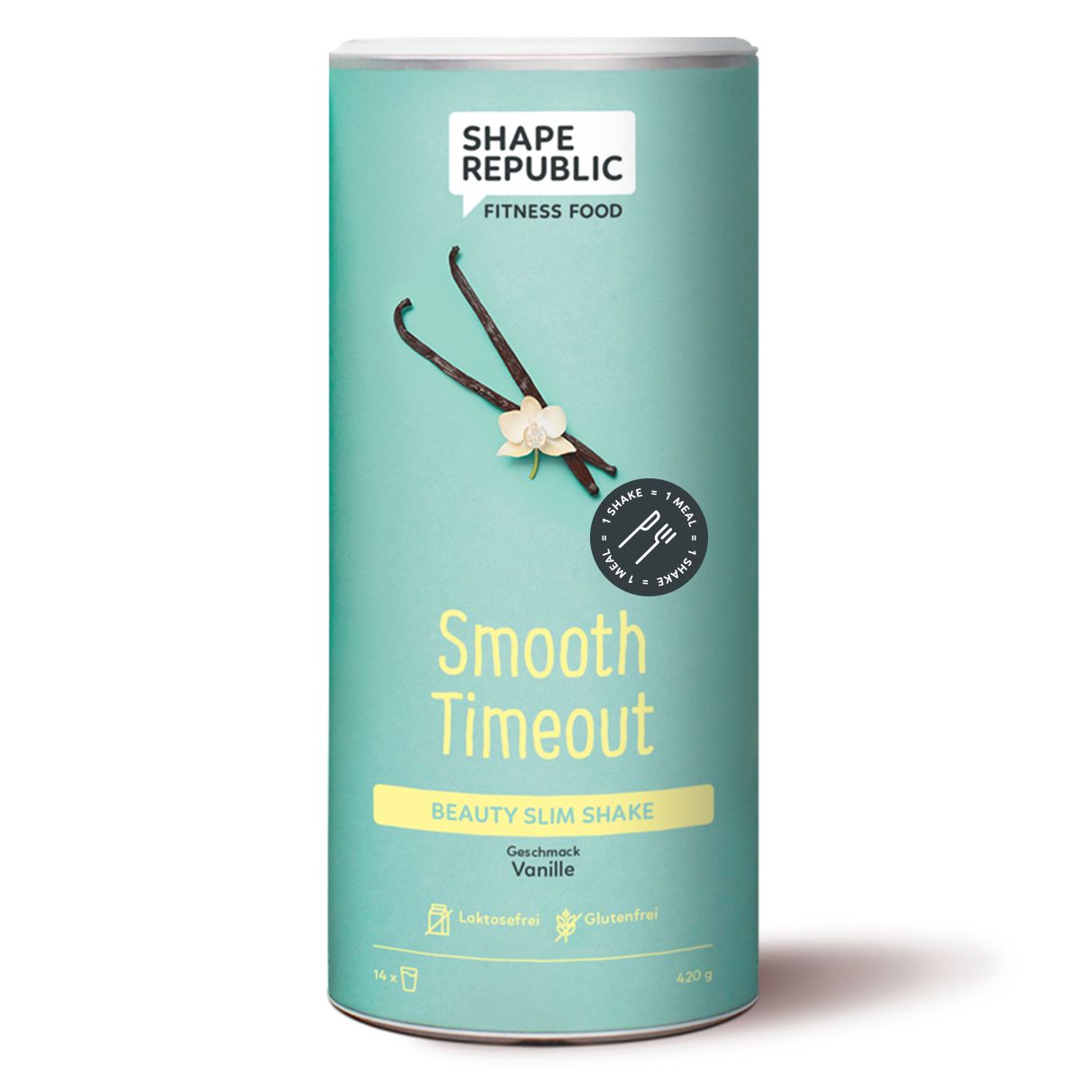 Zylinderförmige Dose mit "Shape Republic"-Logo. Aufschrift "Smooth Timeout", "Beauty Slim Shake", Geschmack Vanille. Glutenfrei.