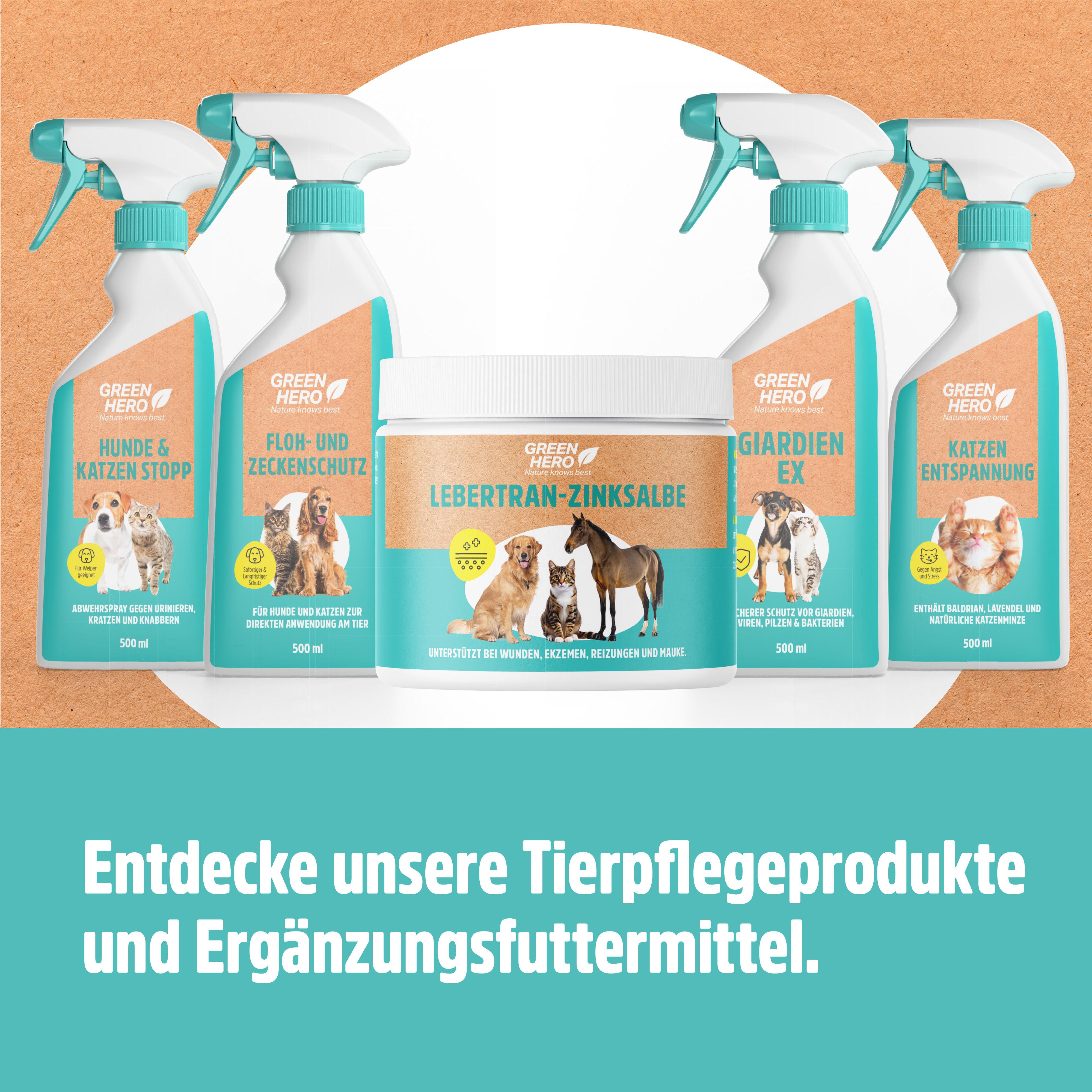 Tierpflegeprodukte. GreenHero Lebertran-Zinksalbe und Sprays. Text: Entdecke unsere Tierpflegeprodukte.