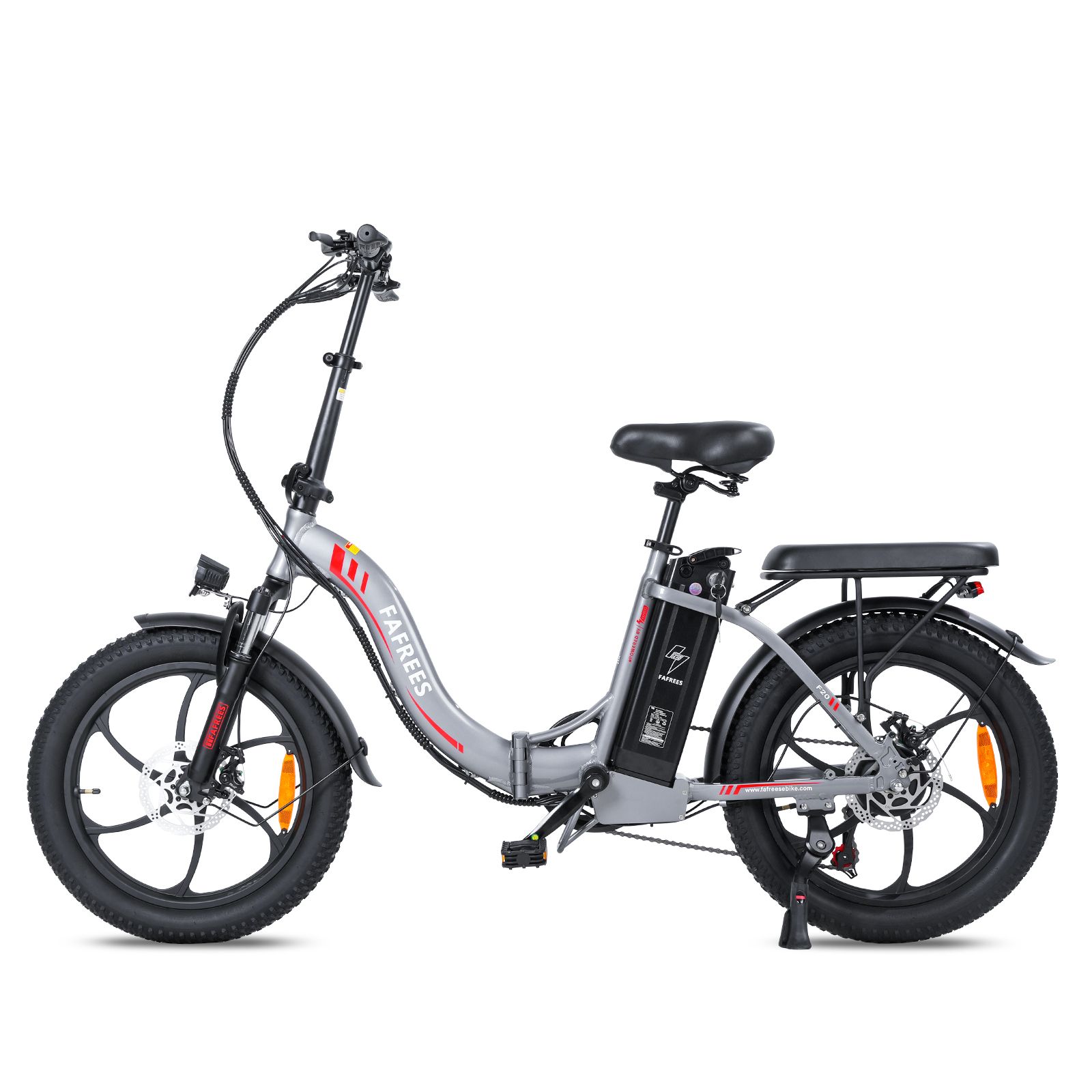Graues FAFREES F20 Klapp-E-Bike. Schwarze Reifen, Sattel und Gepäckträger. Akku am Rahmen.
