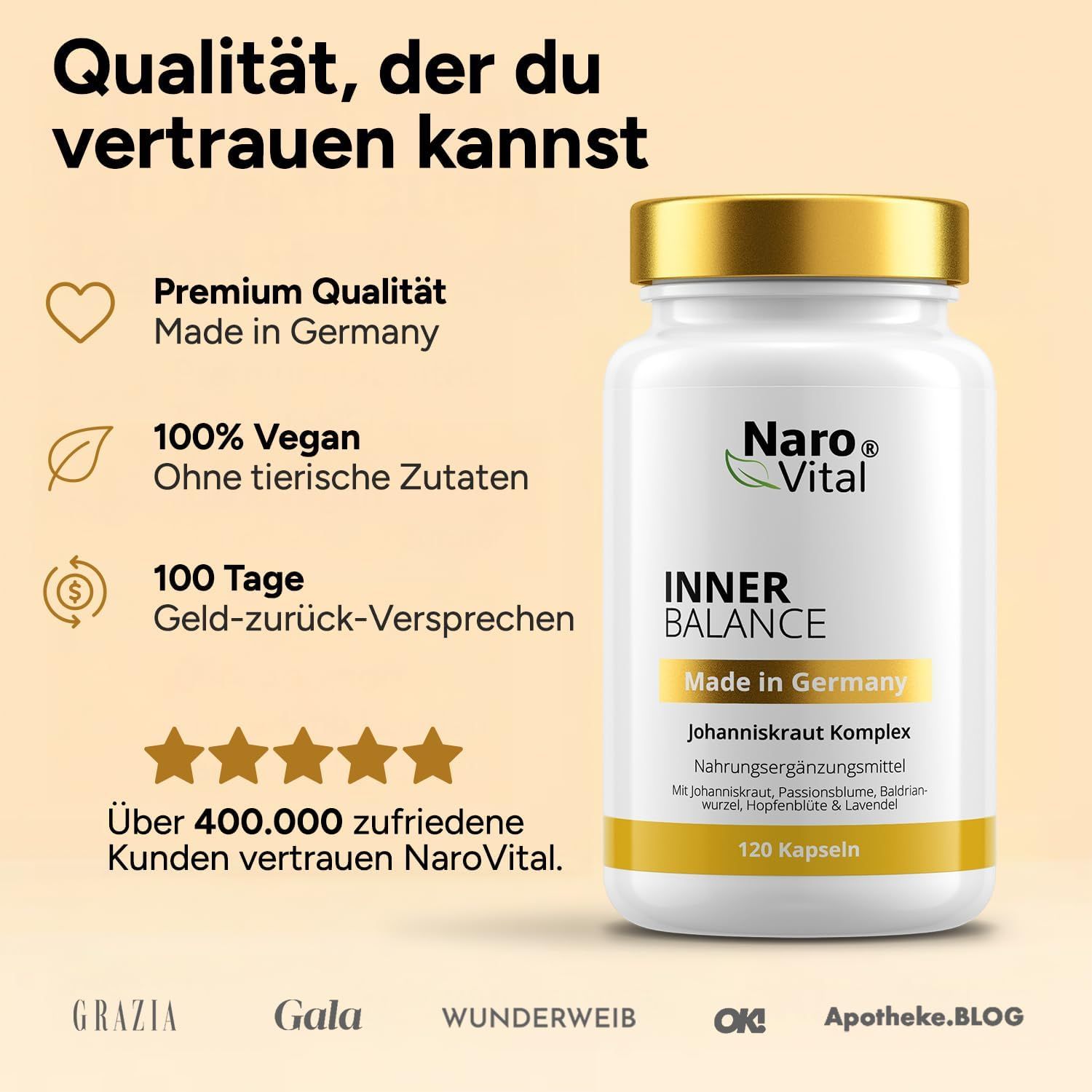 Weiße Flasche mit goldfarbenem Deckel. Aufschrift: Naro Vital, Inner Balance, Johanniskraut Komplex, 120 Kapseln. Logos.