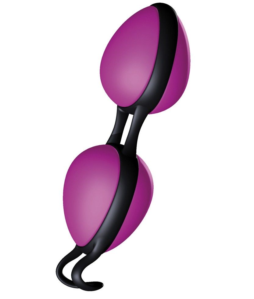 Joyballs secret, rosa-schwarz. Zwei ovale Kugeln, verbunden durch einen schwarzen Steg und Griff.