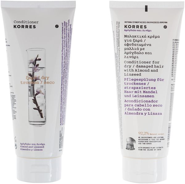 KORRES Conditioner. Weiße Tube mit Illustration. Text: Almond and Linseed. Für trockenes/strapaziertes Haar. 92,2% natürlich.