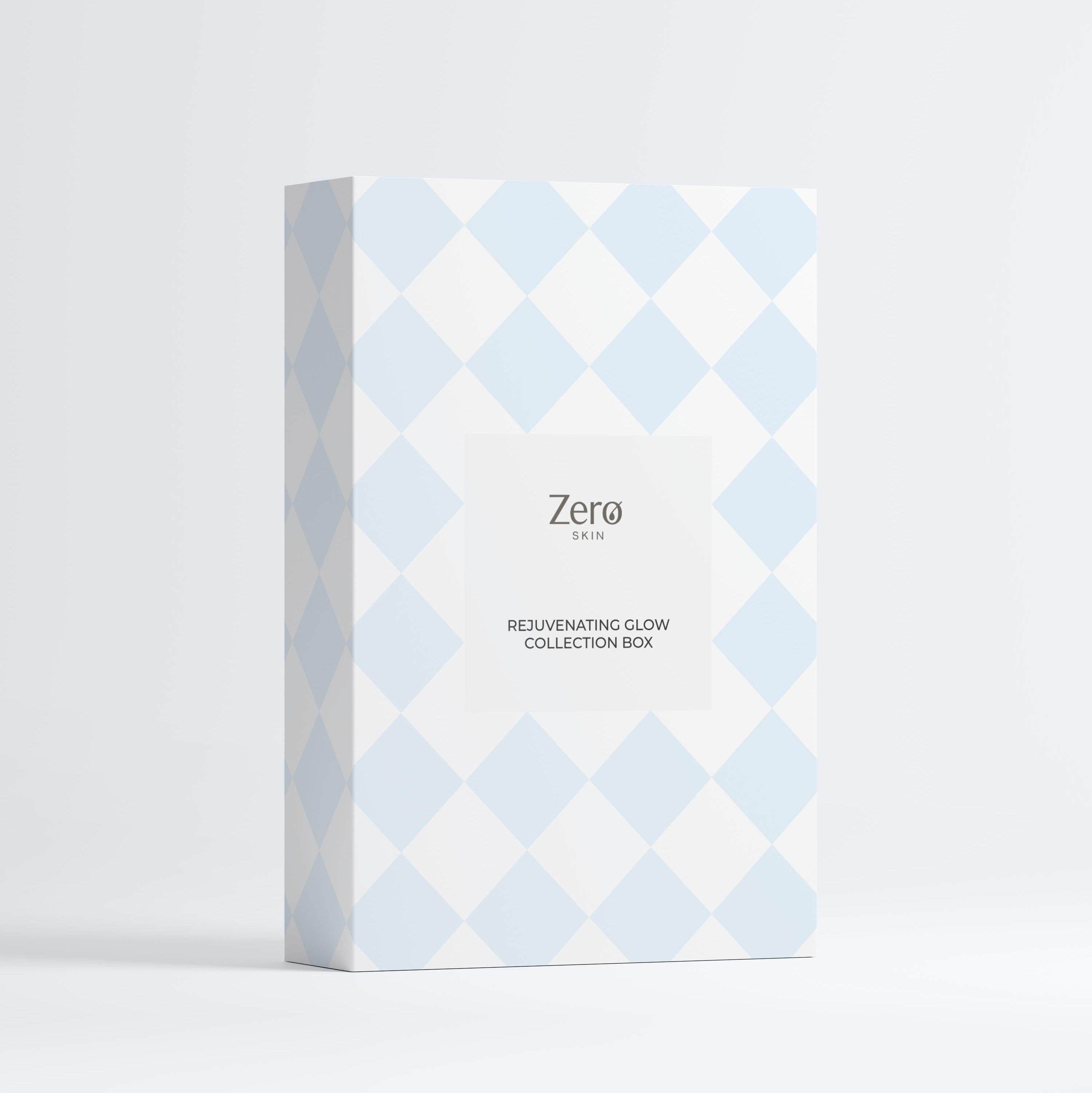 Weiße Box mit blauem Rautenmuster. Aufschrift: Zero Skin, Rejuvenating Glow Collection Box.