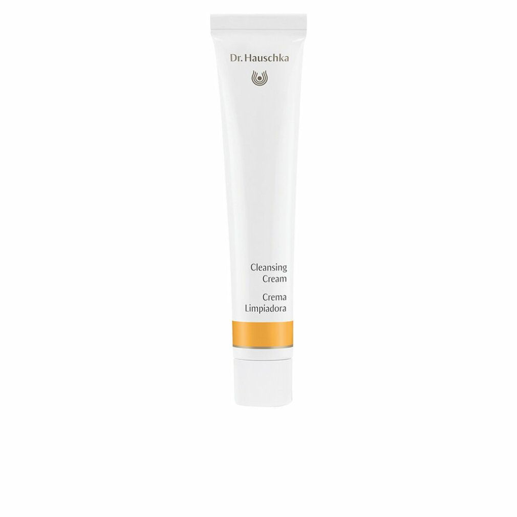 Weiße Tube mit Aufschrift "Dr. Hauschka" und Produktbezeichnung "Cleansing Cream" in Englisch, Deutsch und Spanisch.