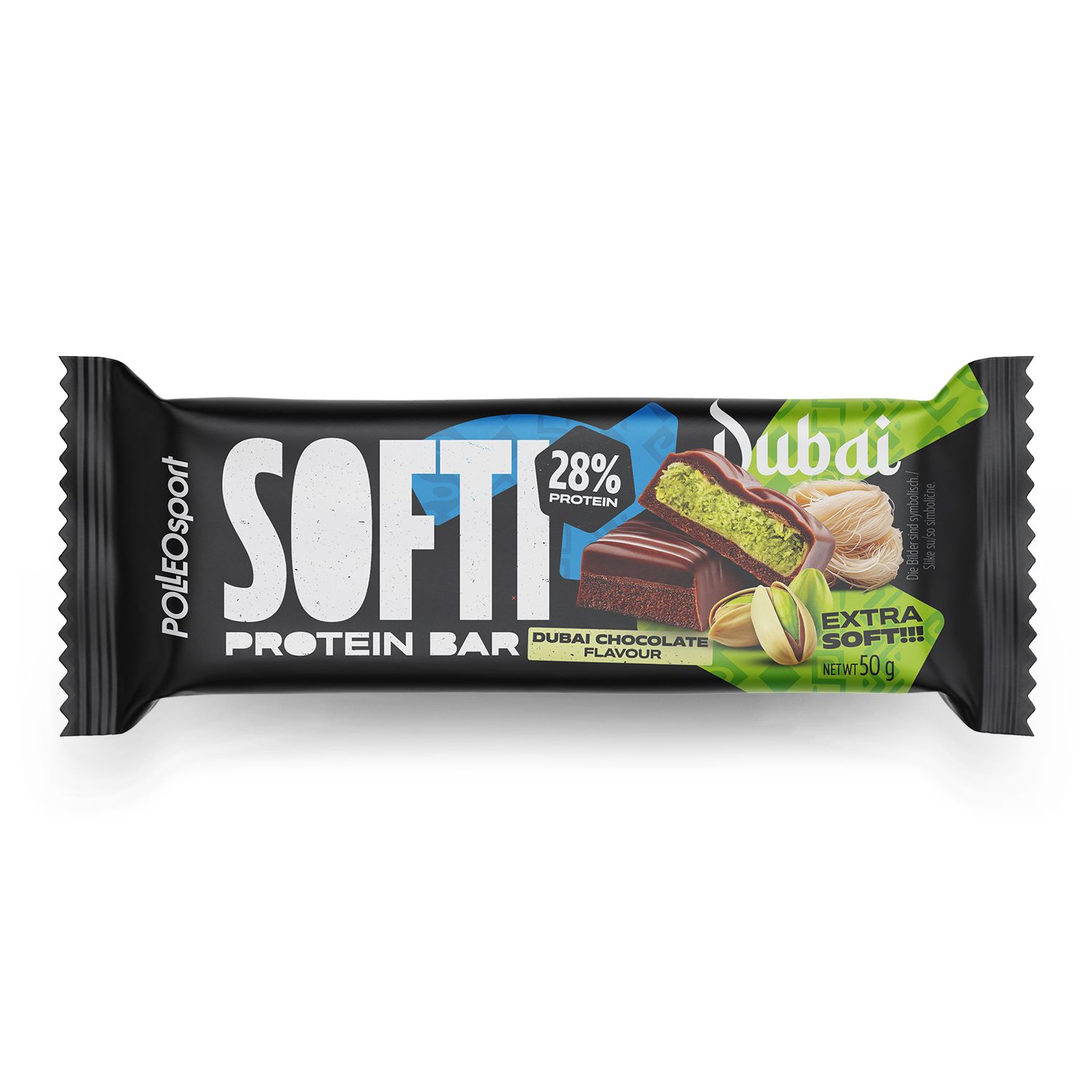 Proteinriegel in schwarzer Verpackung. Aufschrift "SOFTI PROTEIN BAR". Geschmack "Dubai". 28% Protein. Nettogewicht 50g.