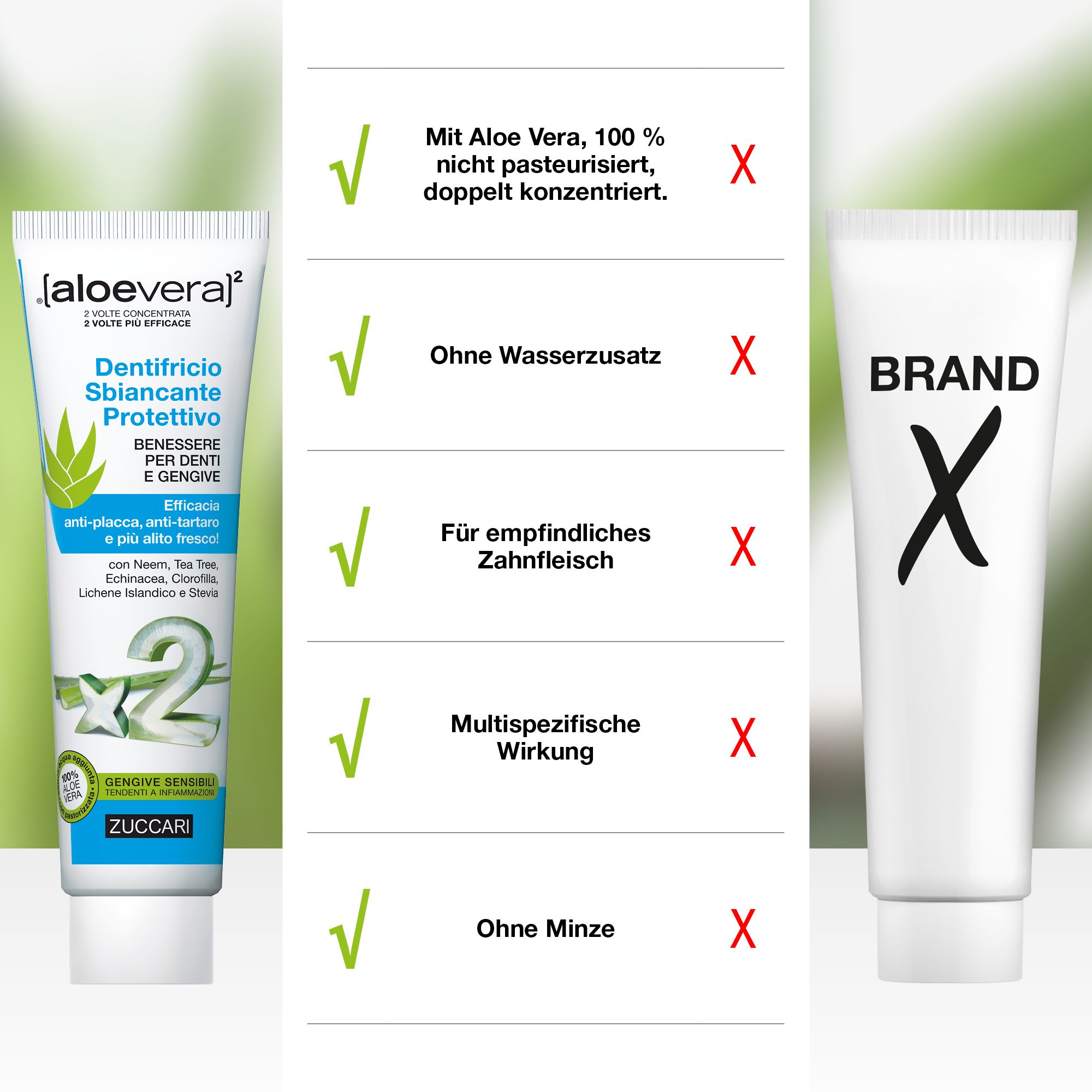 Vergleich von ZUCCARI [aloevera]2 Zahnpasta mit einer anderen Marke. ZUCCARI: Aloe Vera, ohne Wasserzusatz, für empfindliches Zahnfleisch, etc.