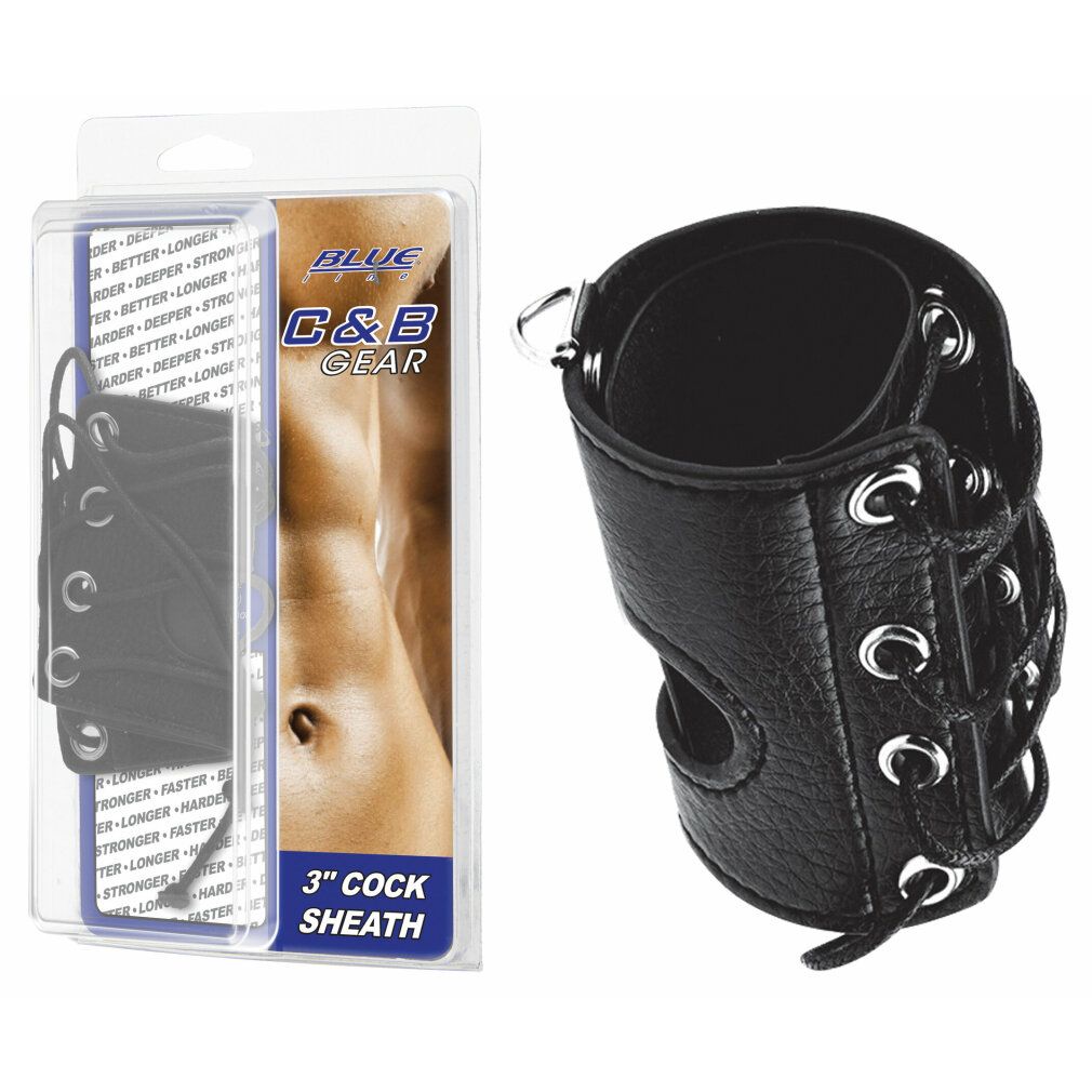 Schwarze Cock Sheath mit Schnürung. Rechts: Produkt. Links: Verpackung mit Produktabbildung und Text.