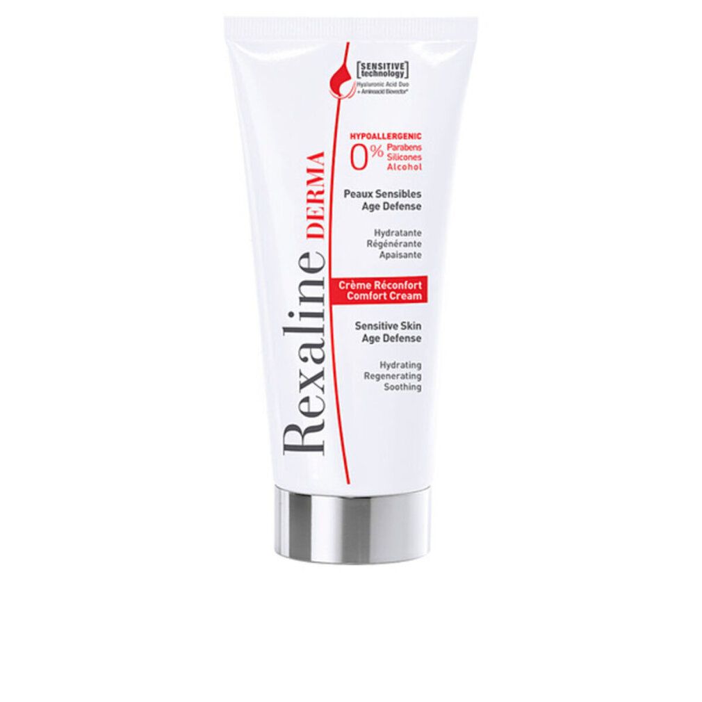 Weiße Tube mit silbernem Verschluss. Aufschrift: Rexaline Derma, Crème Réconfort, Sensitive Skin Age Defense, 0% Parfums, Parabens, Silicones, Alcohol.