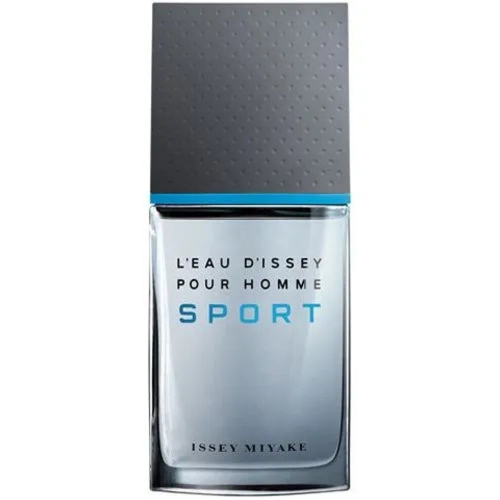 Rechteckiger Flakon mit grauem Deckel. Aufschrift: L'EAU D'ISSEY POUR HOMME SPORT. Marke: ISSEY MIYAKE.