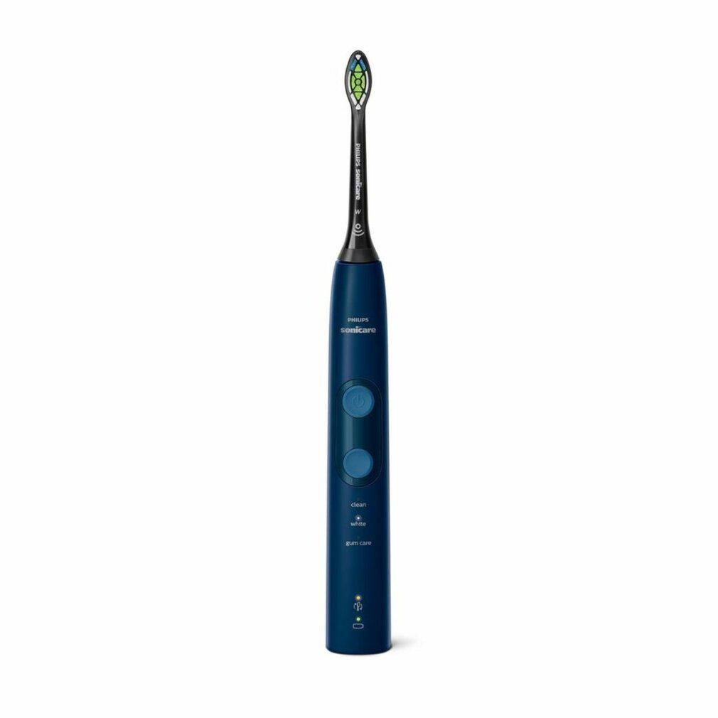 Blaue elektrische Zahnbürste mit mintfarbenen Bedienelementen. Philips Sonicare-Logo. Bürstenkopf mit grünen Borsten.