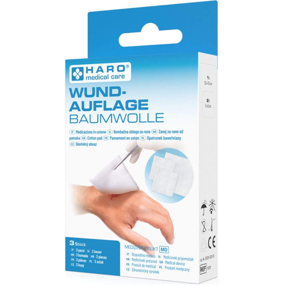 Verpackung mit Haro Wundauflage Baumwolle. 3 Stück. Baumwollpads, Anwendung am Arm gezeigt. Medizinprodukt.