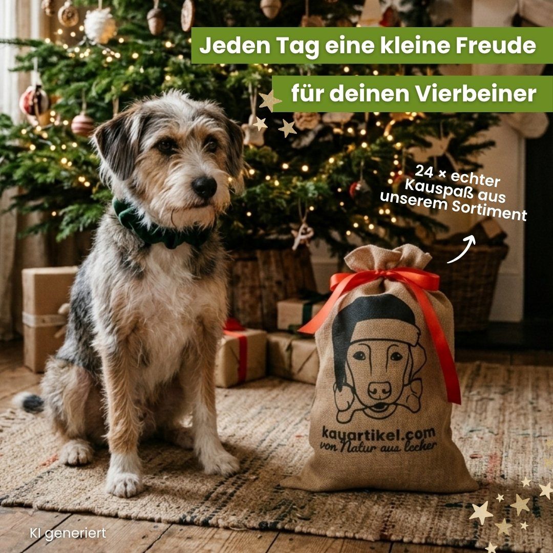 Ein Sack gefüllt mit verschiedenen Hundekauartikeln und Snacks.