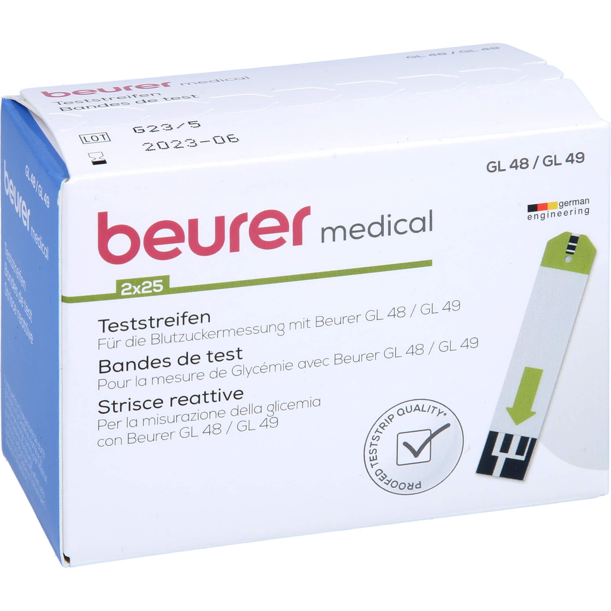 Beurer Teststreifen für GL 48/49, 2x25 Stück. Packung zeigt einen Teststreifen.