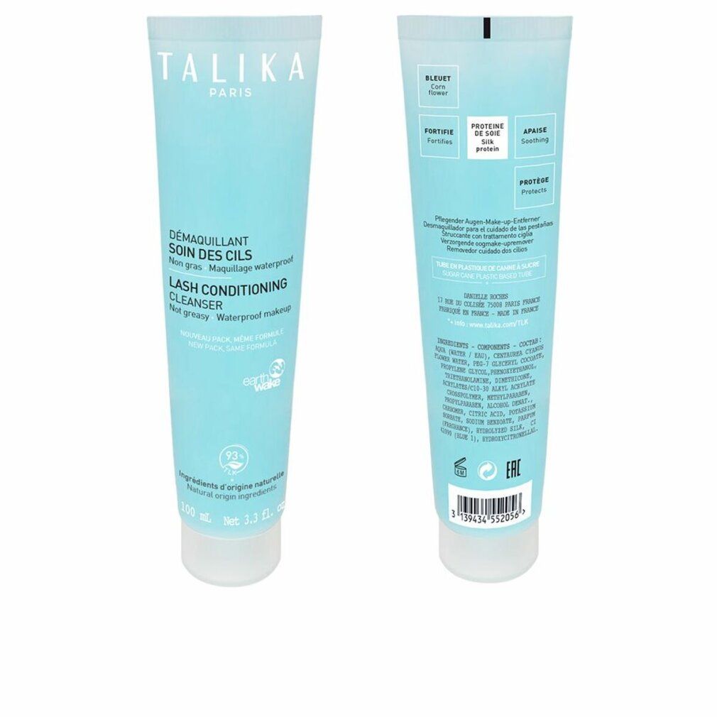 Hellblaue Tube mit Produkttext. Aufschrift: TALIKA PARIS, DEMMAQUILLANT SOIN DES CILS, LASH CONDITIONING CLEANSER. Rückseite mit Inhaltsstoffen.