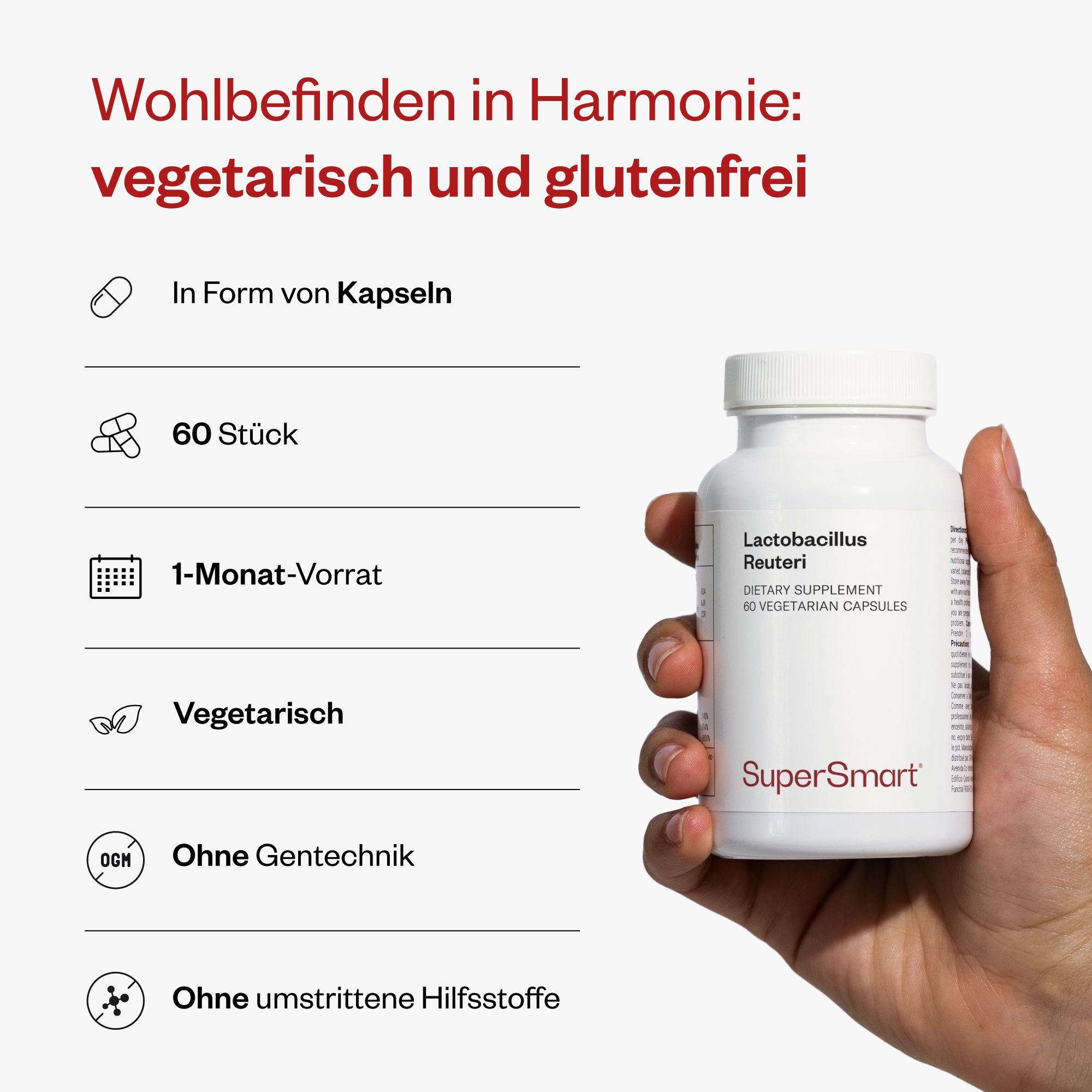 Hand hält eine Flasche Lactobacillus Reuteri. 60 vegetarische Kapseln. Vegetarisch und glutenfrei. Marke: SuperSmart.