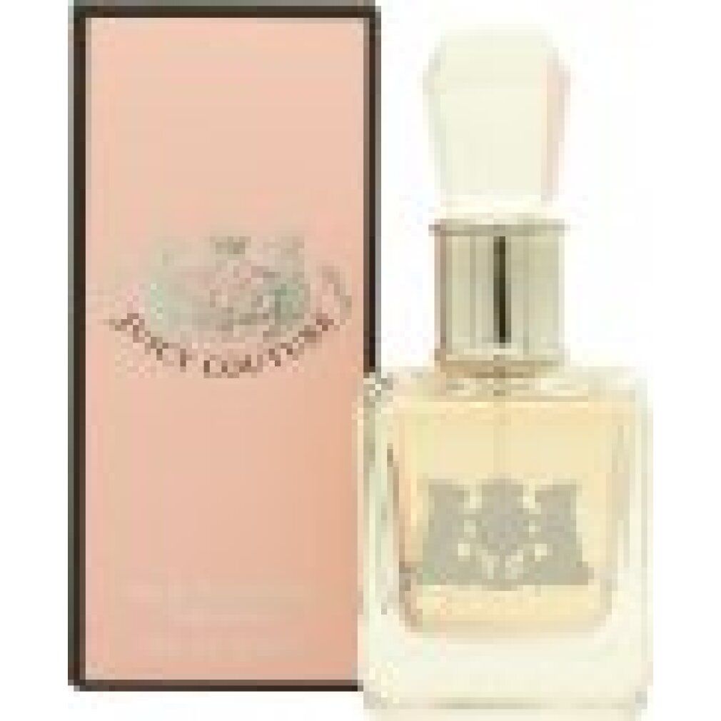 Juicy Couture Eau de Parfum Flakon. Quadratischer Glasflakon mit silbernem Emblem und weißem, facettiertem Verschluss.