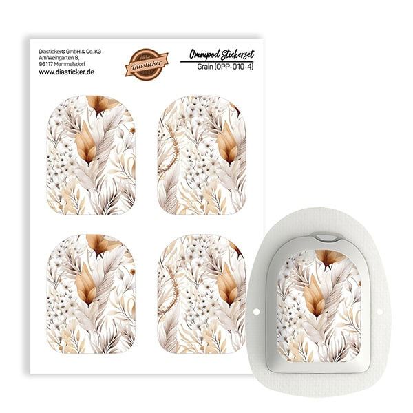 Omnipod Stickerset "Grain". Aufkleber mit floralem Muster. Vier Aufkleber und ein Omnipod-Gerät mit aufgeklebtem Design.