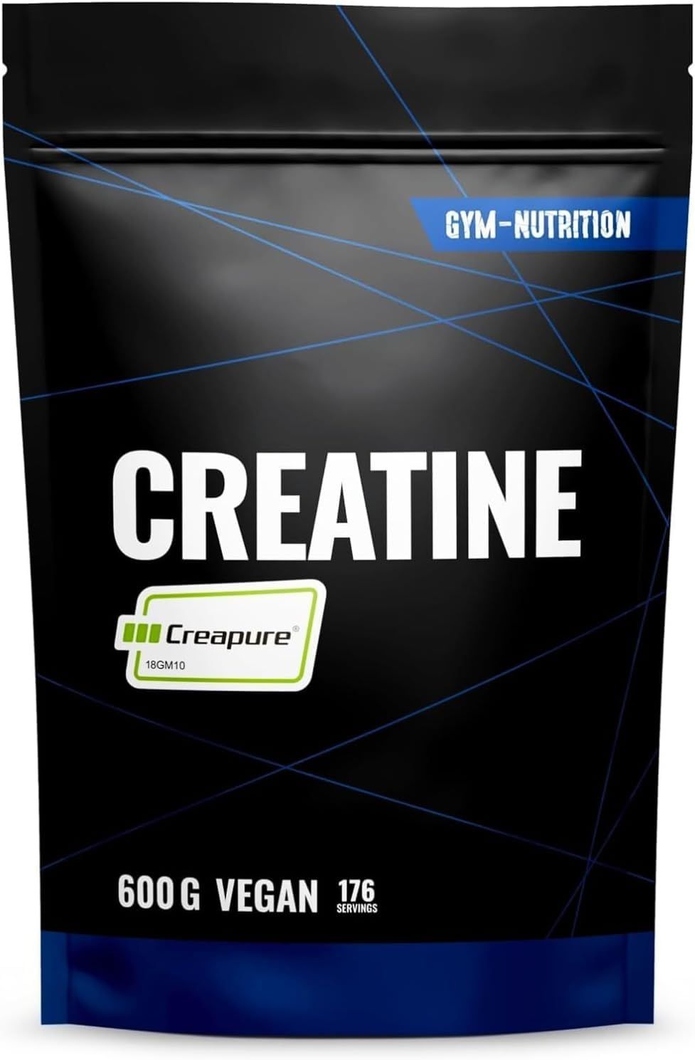 Schwarze Verpackung mit weißem Schriftzug CREATINE. Logo Creapure. 600g, vegan, 176 Portionen. Blaue Akzente.