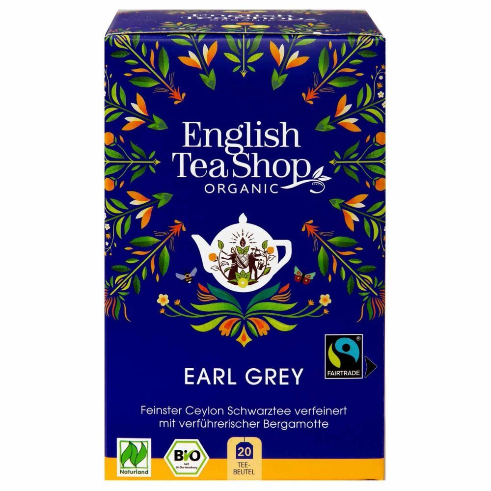 Blaue Schachtel mit Aufdruck: English Tea Shop, Earl Grey, Organic. Fairtrade-Siegel. 20 Teebeutel. Eckige Form.