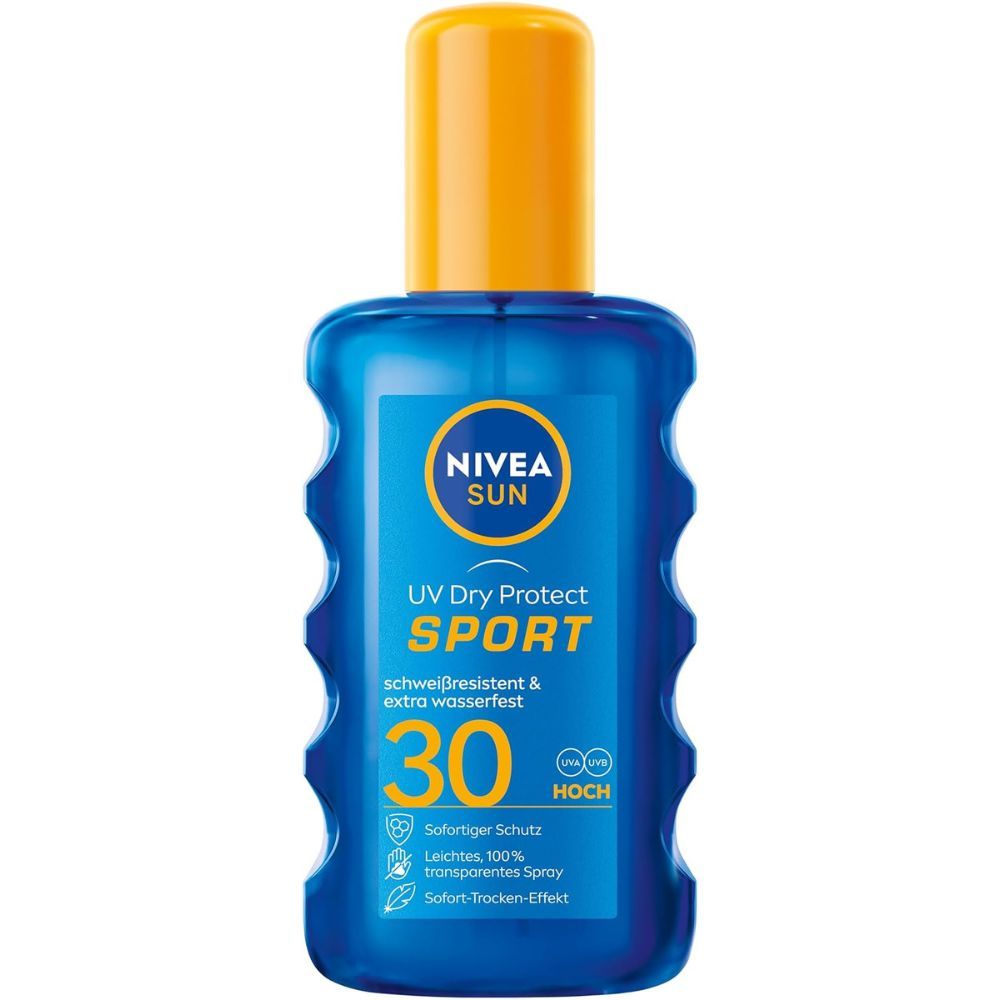 Blaue Flasche mit gelbem Deckel. Aufschrift NIVEA SUN UV Dry Protect Sport LSF 30. Extra wasserfest. Mit Schutzsymbolen.