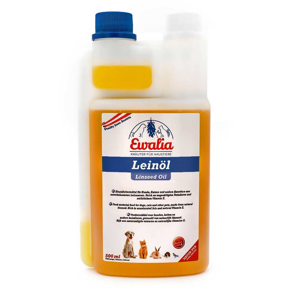 Flasche mit Leinöl für Haustiere. Etikett mit Produktinformationen und Tierabbildungen. Blaue und weiße Verschlüsse.