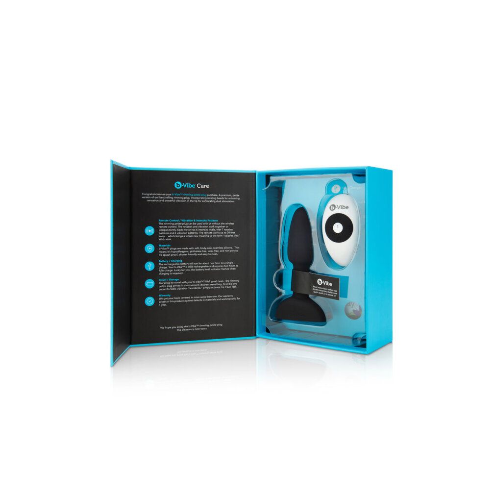 Geöffnete blaue Verpackung mit Wellness-Produkt, Fernbedienung und Zubehör. Text auf der Innenseite.