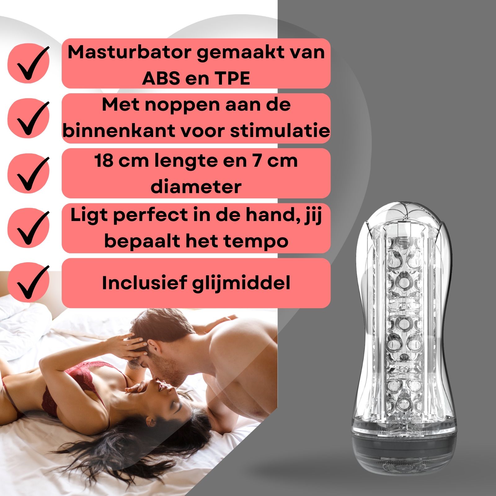 Transparante masturbator, met tekst. Info over materiaal, nopjes, maat en glijmiddel.