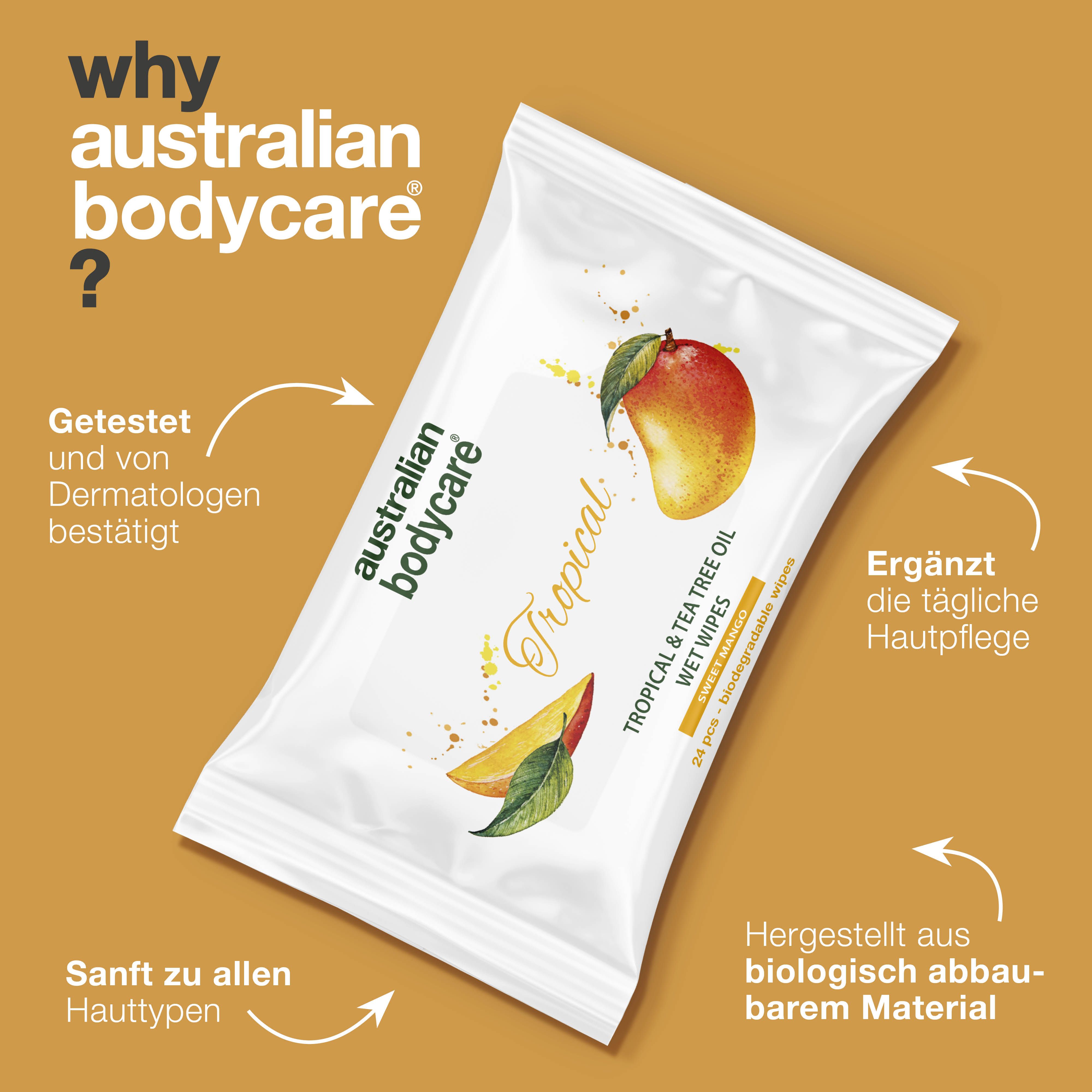 Feuchttuch-Verpackung. Text: Warum Australian Bodycare? Getestet von Dermatologen. Sanft zu allen Hauttypen.