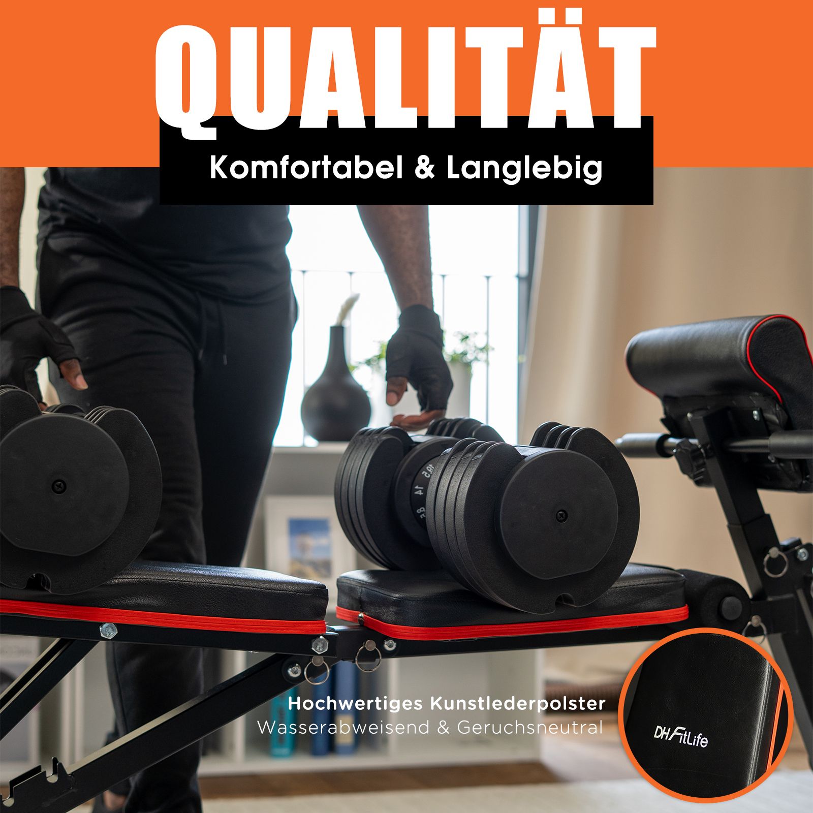 Mann mit Hanteln auf Hantelbank. Schwarze Hantelbank mit roten Akzenten. Text: Qualität, Komfortabel & Langlebig. DH FitLife Logo.