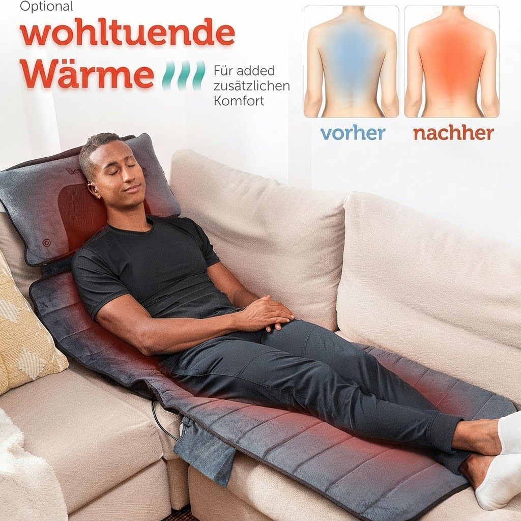 Mann entspannt auf Sofa mit Massagematte, die wärmt und massiert.