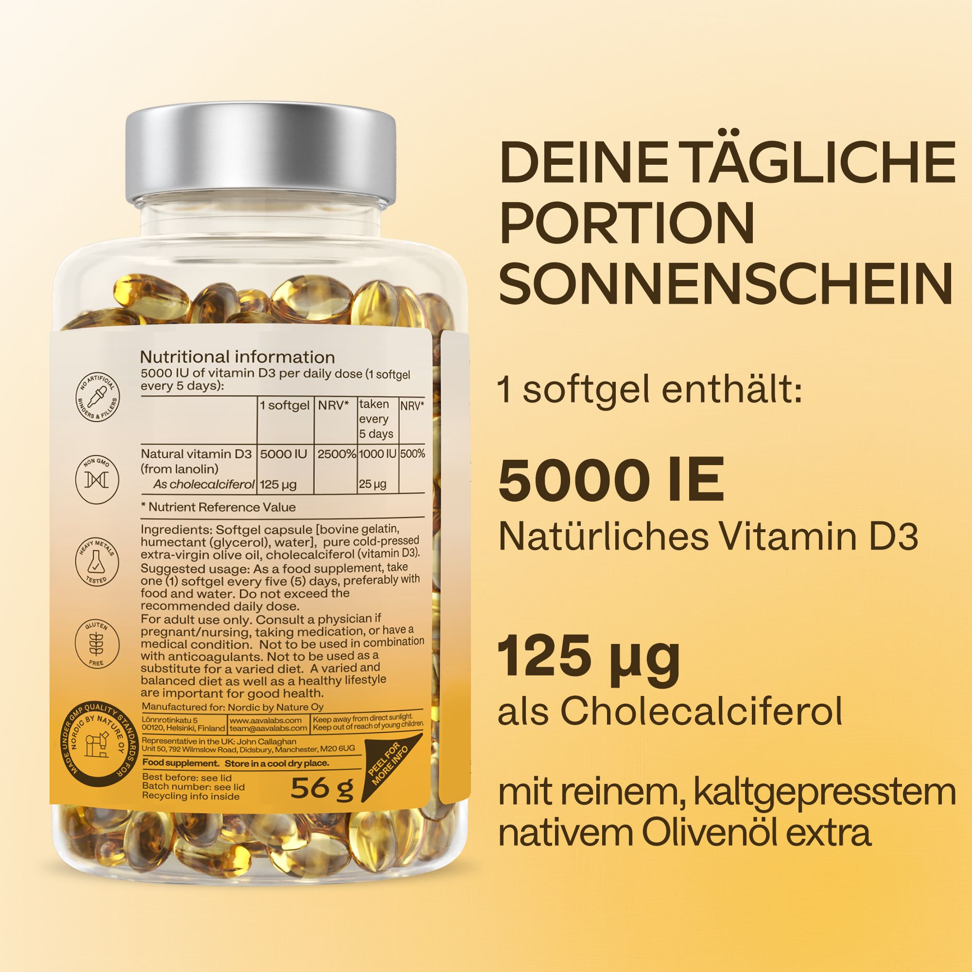 Etikett mit Informationen zu Vitamin D3. Enthält 5000 IE Vitamin D3, 125 µg Cholecalciferol.