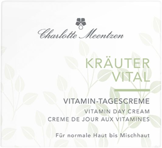 Verpackung der Kräutervital Vitamin-Tagescreme. Text: Charlotte Meentzen, Kräutervital, Vitamin-Tagescreme, Creme de Jour aux Vitamines. Für normale Haut bis Mischhaut.