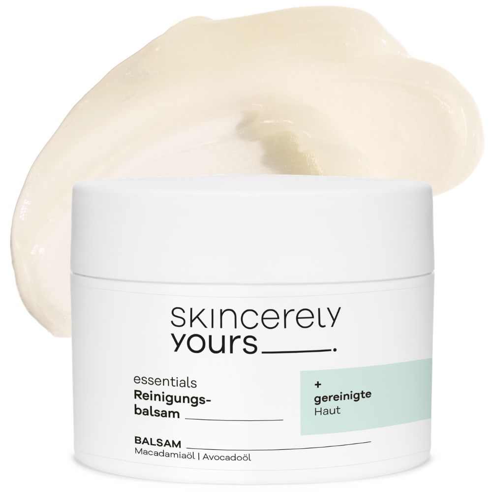 Skincerely Yours Reinigungsbalsam in weißem Tiegel mit aufgetragener Balsamprobe.