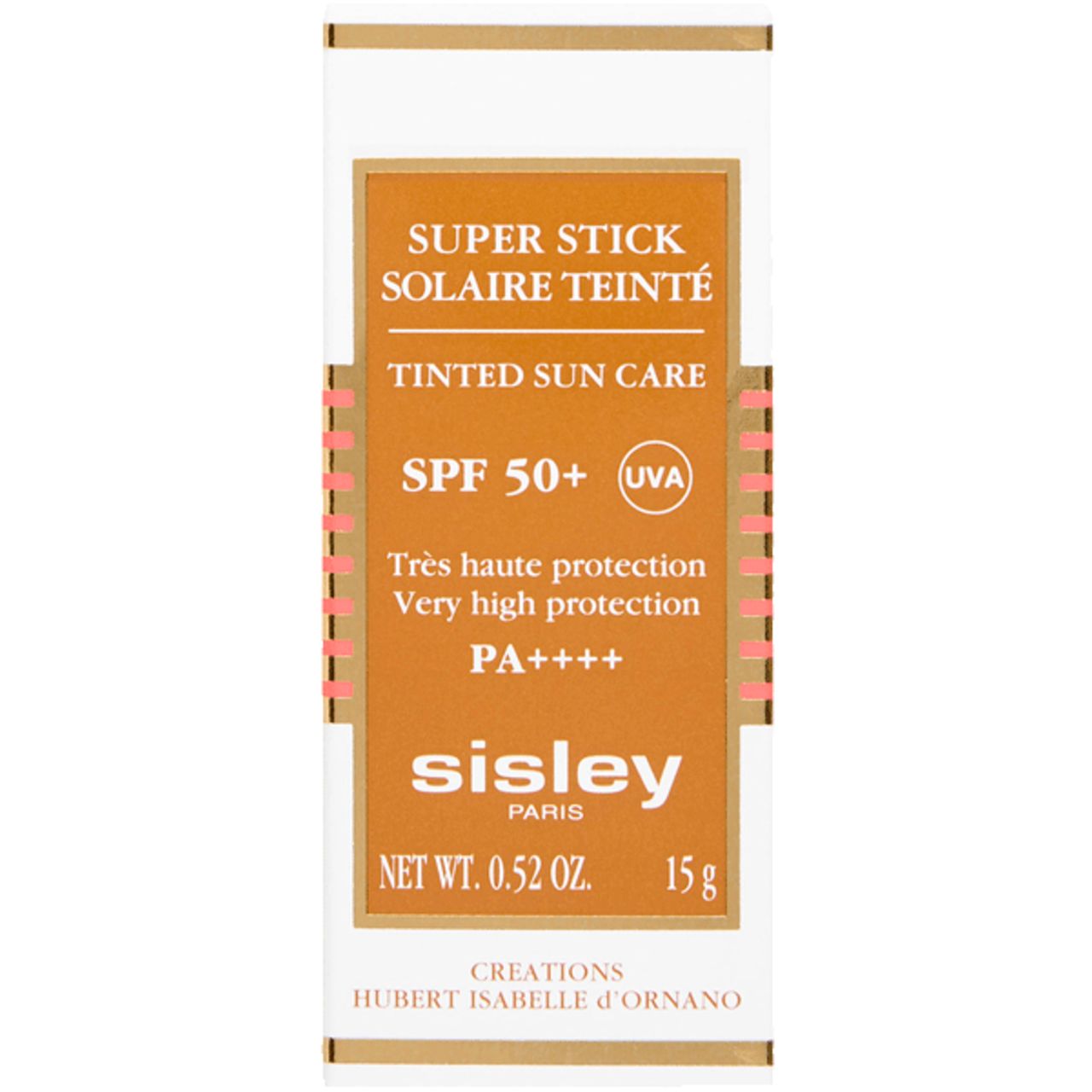 Kartonverpackung für Sonnenschutzstift. Text: Super Stick Solaire Teinté, SPF 50+, Sisley, 15g.