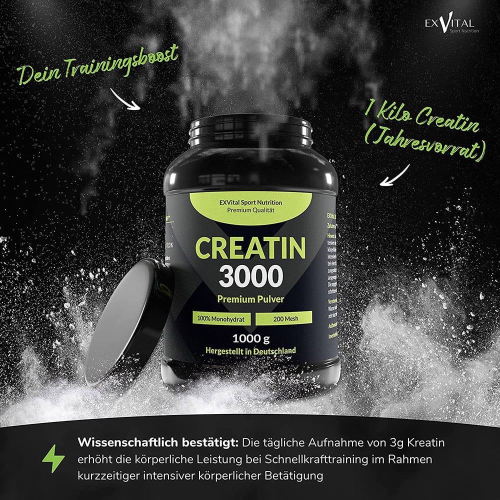Produkt-Dose mit geöffnetem Deckel. Text: CREATIN 3000, 100% Monohydrat, 1000 g. Text: 1 Kilo Creatin (Jahresvorrat).