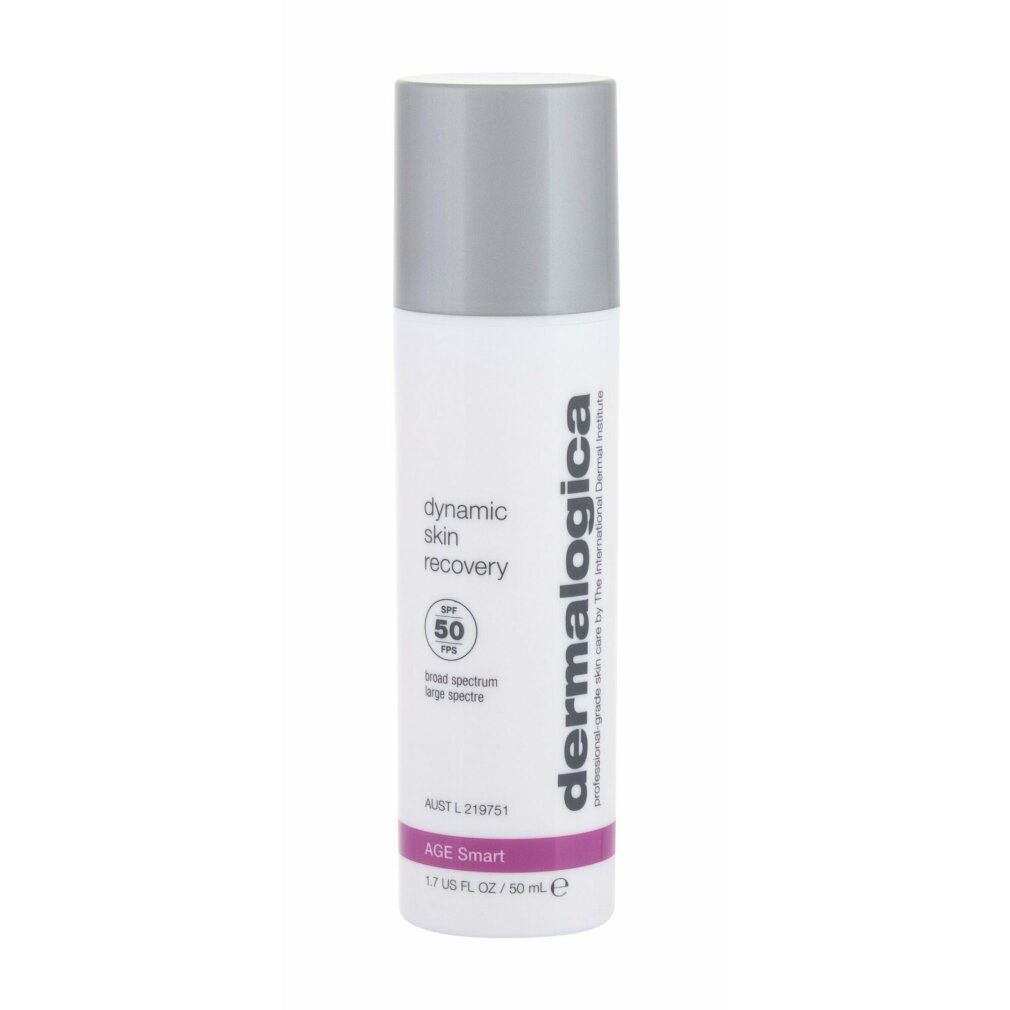 Weiße Flasche mit silbernem Deckel. Aufschrift: dynamic skin recovery SPF50. Marke: Dermalogica. Lila Schriftzug: AGE smart.