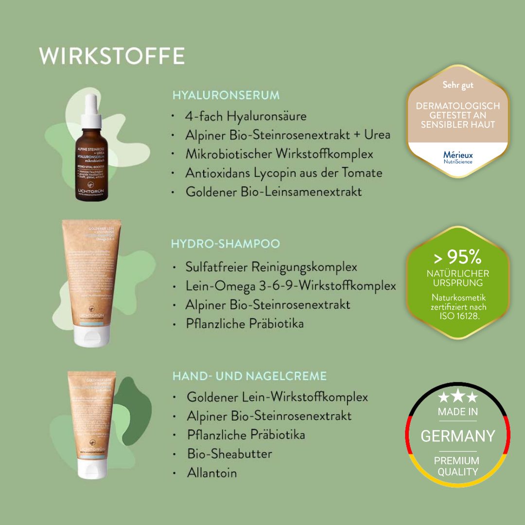 Infografik mit Inhaltsstoffen von Kosmetikprodukten. Enthält Informationen zu Hyaluronserum, Shampoo und Handcreme.