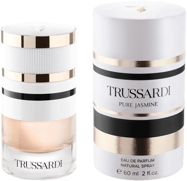 Parfümflakon und Verpackung. Flakon: Glas, weiß, gold. Verpackung: Weiß, gold, schwarz. Aufschrift: Trussardi Pure Jasmine.