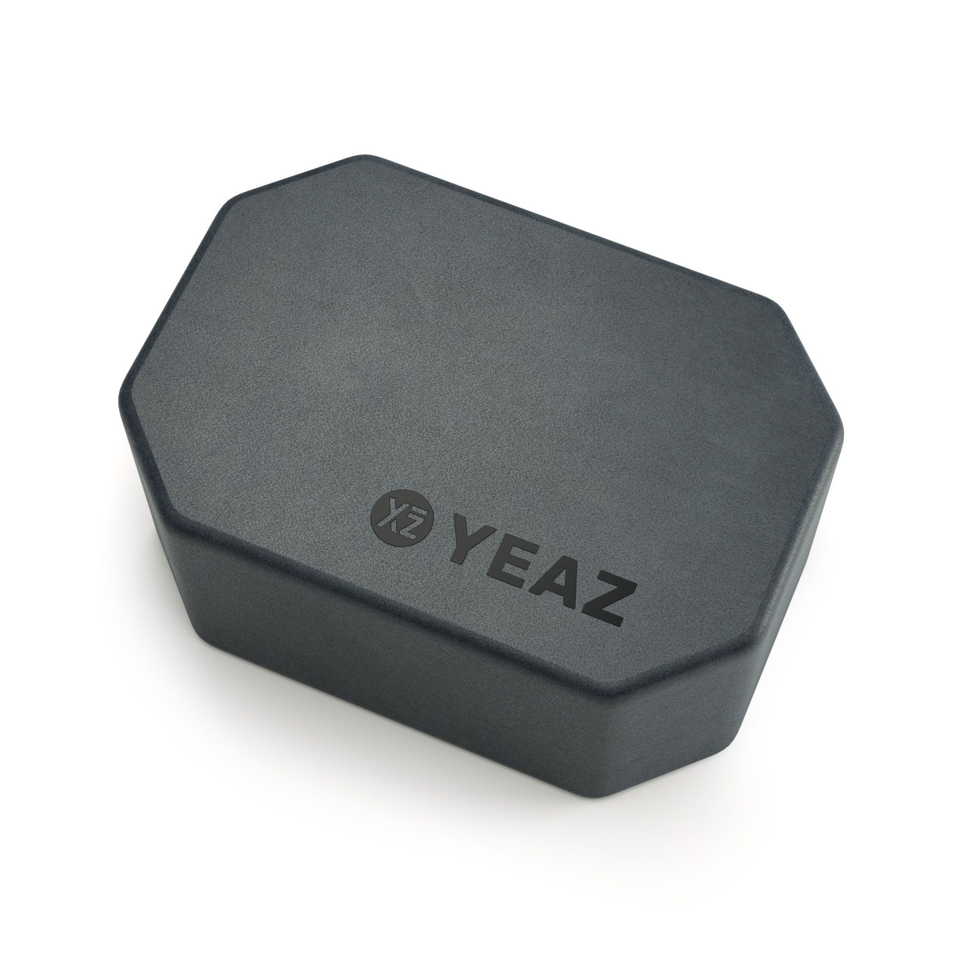 Grauer Yoga-Block mit achteckiger Form. Das Logo YEAZ ist auf der Oberfläche sichtbar.