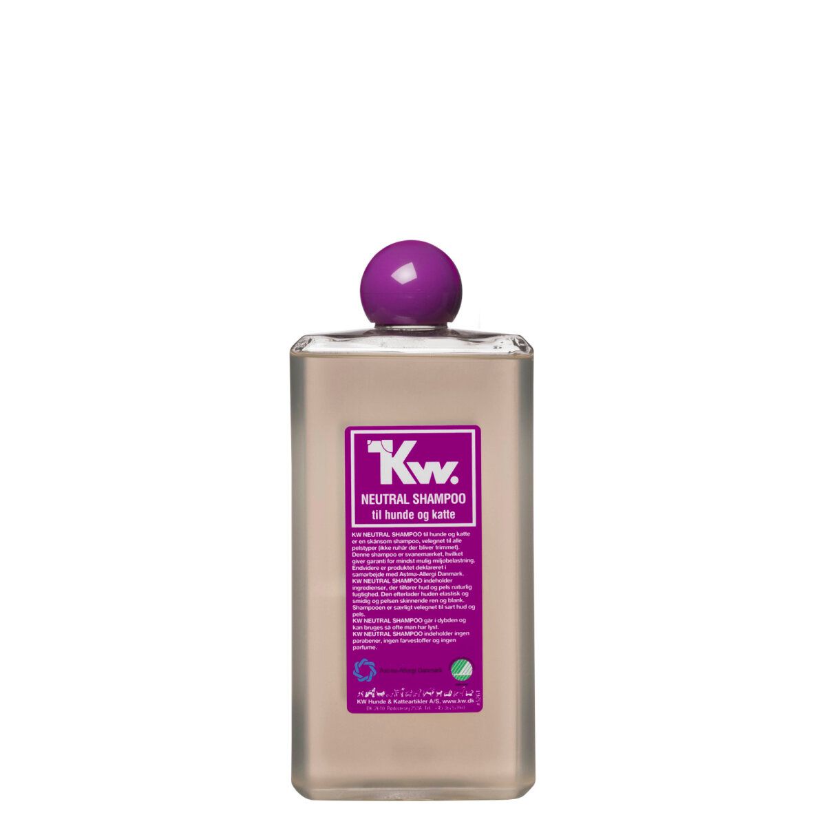 Flasche mit lila Verschluss. Aufkleber mit Text: Neutral Shampoo für Hunde und Katzen. Marke: Kw.