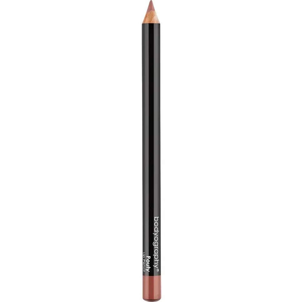 Lippenstift in Stiftform. Schwarzer Schaft, Spitze in Rosé. Aufschrift: BODYOGRAPHY, Pouty.