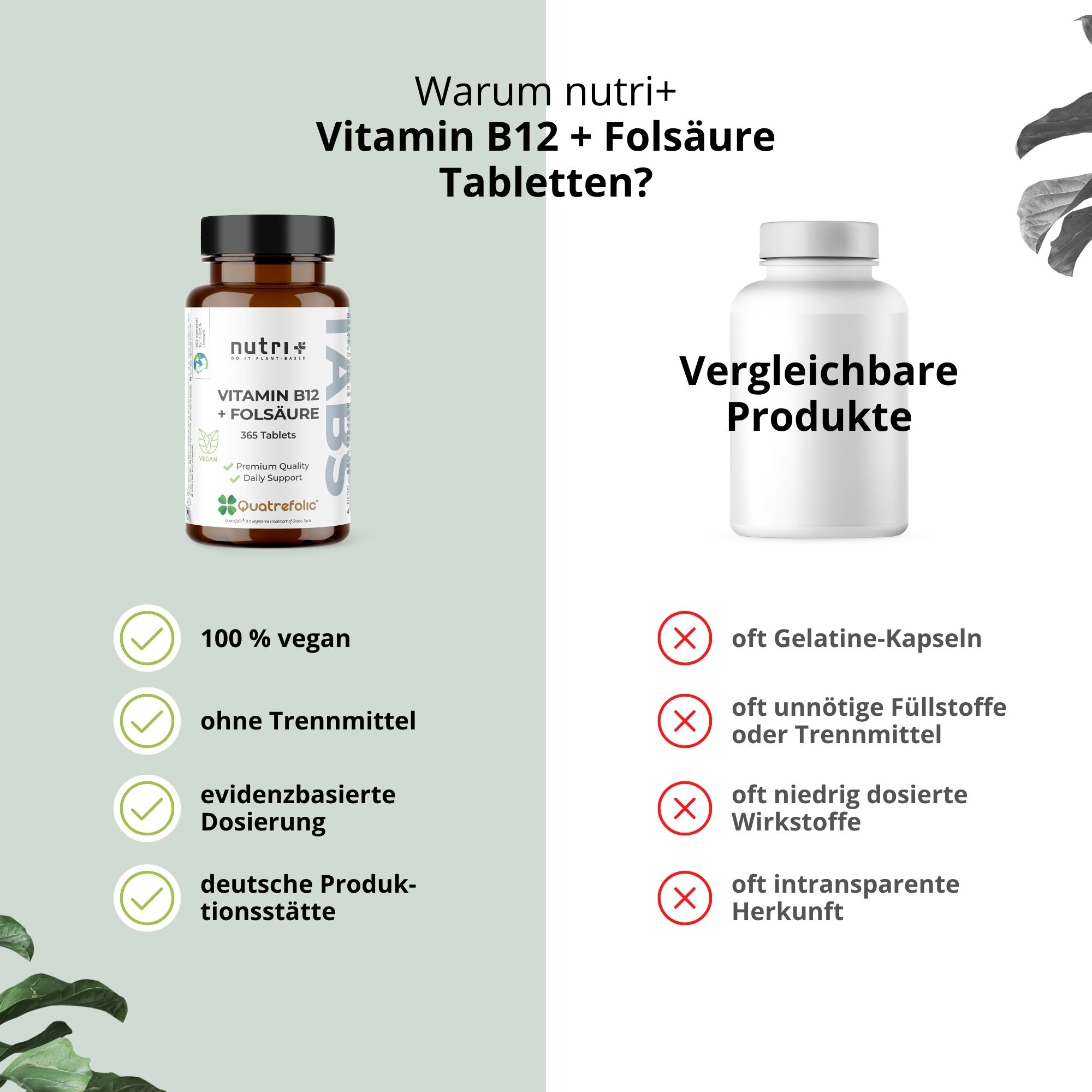 Vergleich: nutri+ Vitamin B12 + Folsäure Flasche vs. Konkurrenz. Vorteile: vegan, ohne Trennmittel, evidenzbasierte Dosierung.