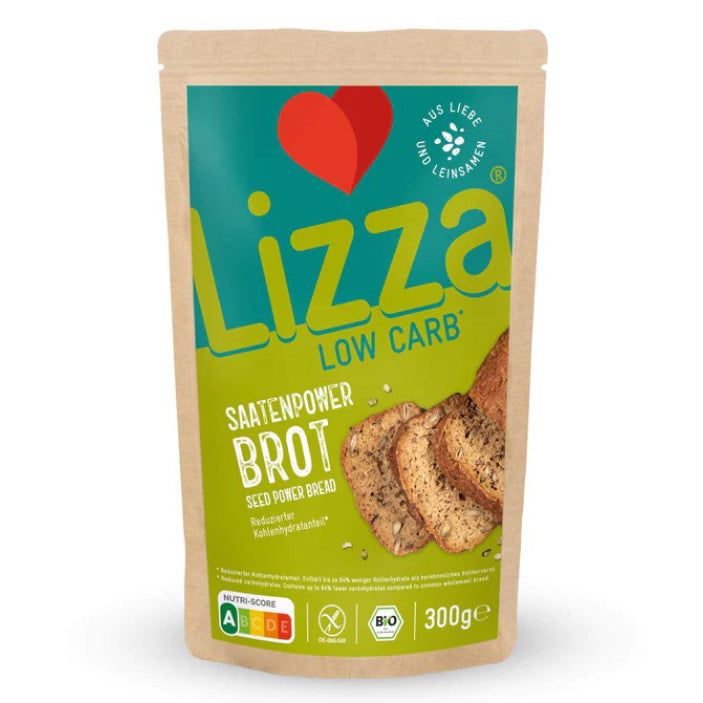 Verpackung mit Brotbackmischung. Aufschrift: Lizza, Low Carb, Saatenpower Brot. Enthält Bio-Siegel und Nährwertkennzeichnung.
