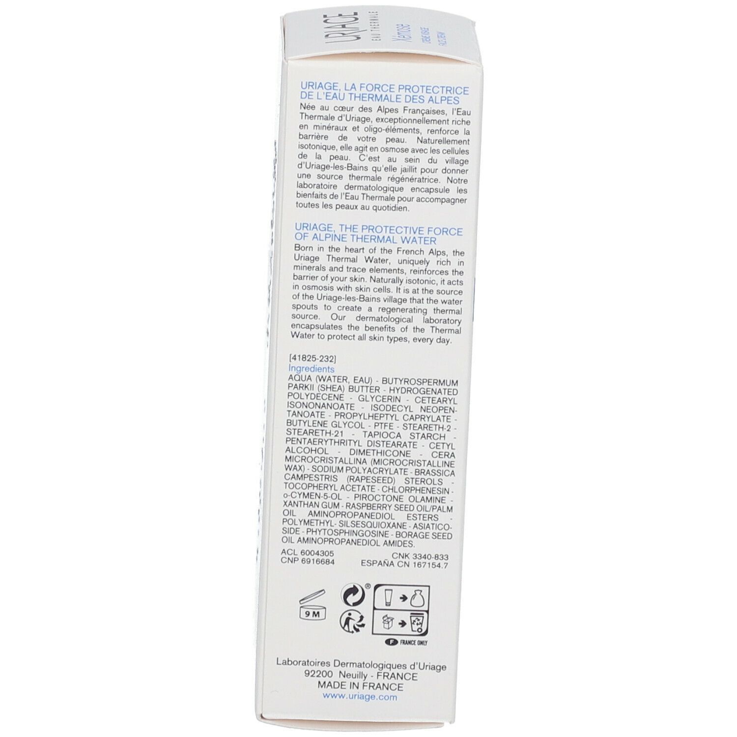 Rückseite der Schachtel URIAGE Xémose Face Cream. Text: Inhaltsstoffe, Anwendungshinweise. Dermatologisch getestet. Made in France.