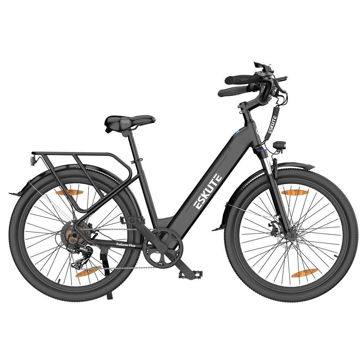 Schwarzes ESKUTE Polluno Plus E-Bike. Gepäckträger, Schutzbleche, Scheinwerfer. 36V 20Ah Batterie.
