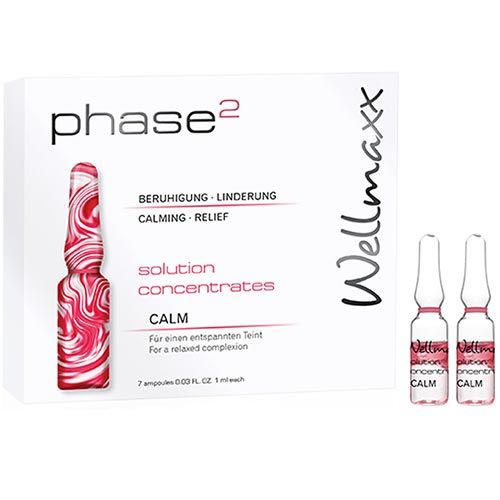 Verpackung mit Ampullen. Aufschrift: phase2, Wellmaxx, CALM. 7 Ampullen, 1 ml pro Stück. Beruhigung, Linderung.