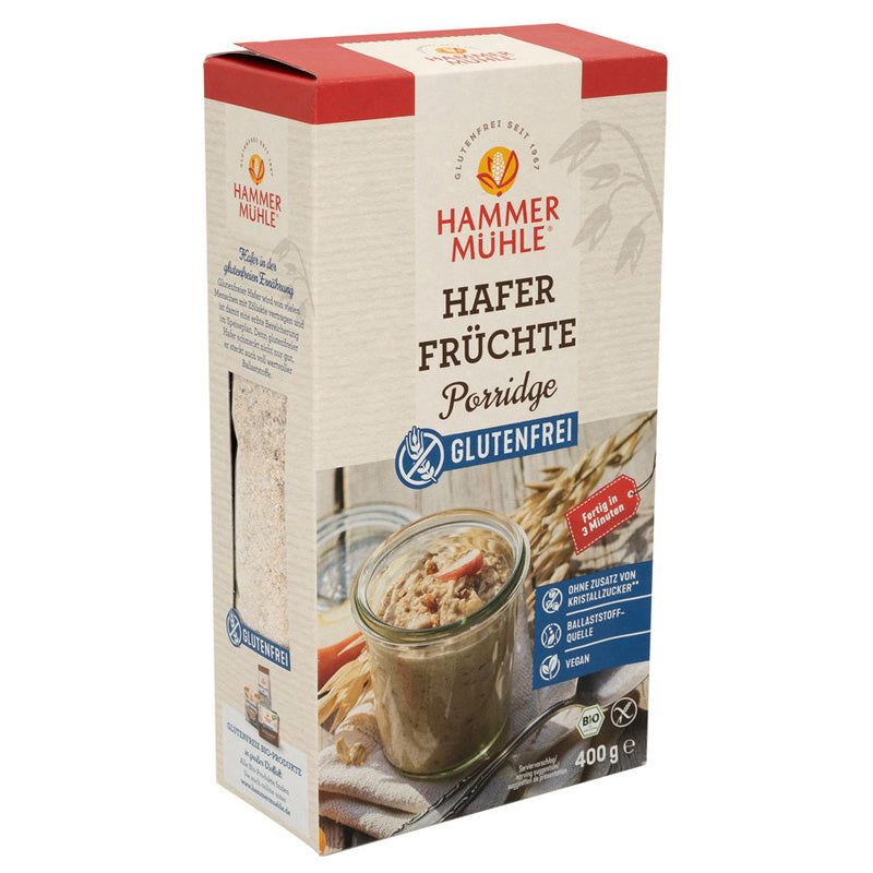 Verpackung von Hafer Früchte Porridge. Aufschrift: Glutenfrei, Hammer Mühle. Abbildung eines Porridge-Gerichts im Glas.