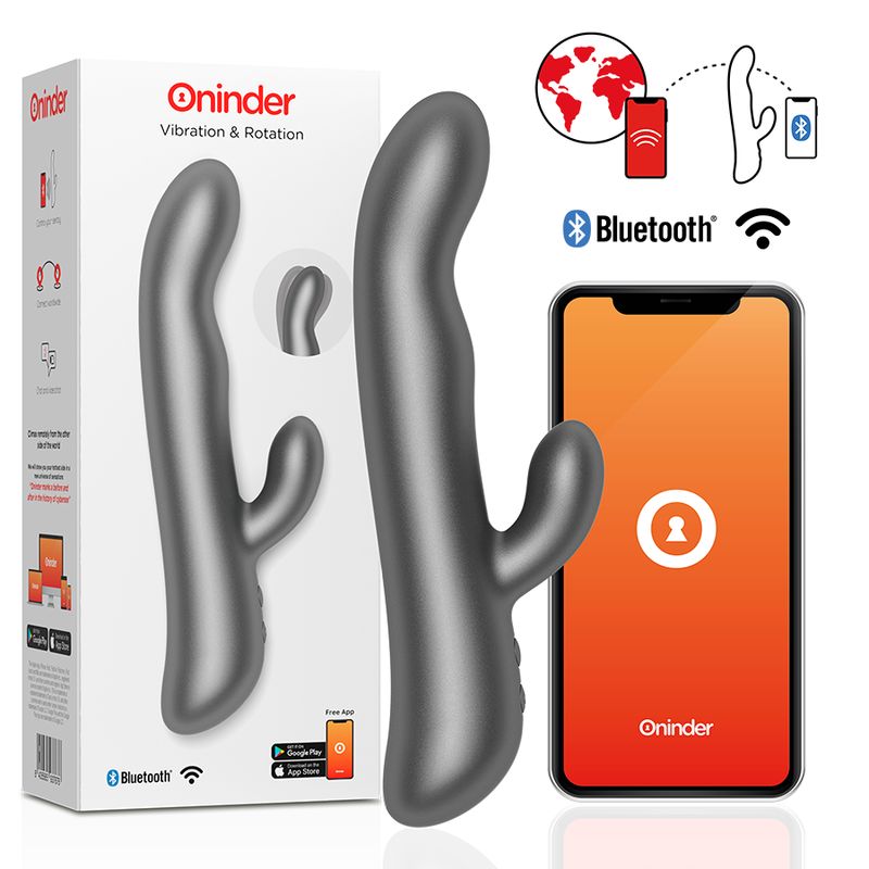 Produktverpackung mit Vibrator und Smartphone. Text: Oninder. Bluetooth-Logo. App-Anzeige auf dem Smartphone.
