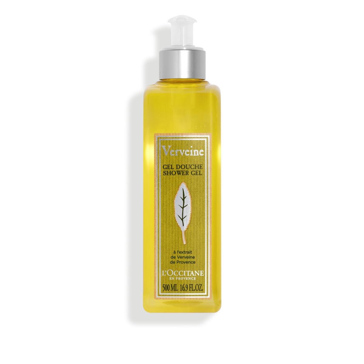 L'Occitane Verbene Duschgel. Rechteckige Flasche mit gelbem Inhalt. Etikett mit Text und Blattmotiv. Mit Dosierpumpe.